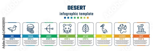 desert concept infographic design template. included duck, tornado, archery, rat, oak leaf, pelican, pawprints, relics icons and 8 steps or options.