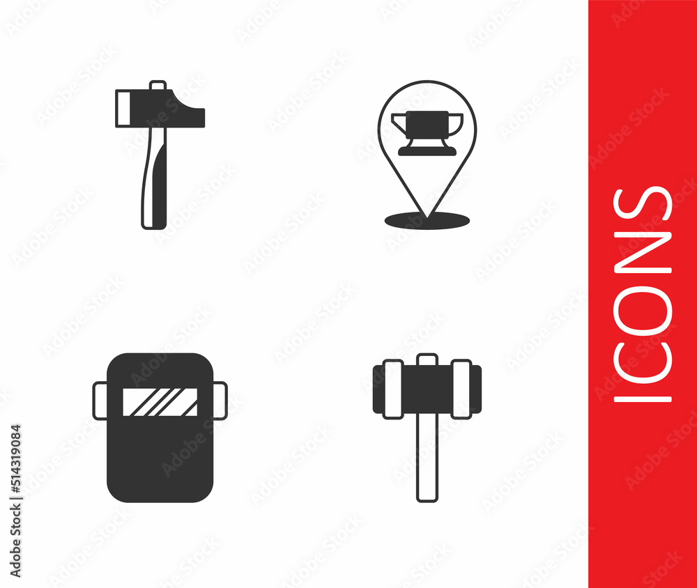 Set Sledgehammer, Hammer, Welding mask and Blacksmith anvil tool icon. Vector Set Sledgehammer, Hammer, Welding mask and Blacksmith anvil tool icon. Vector