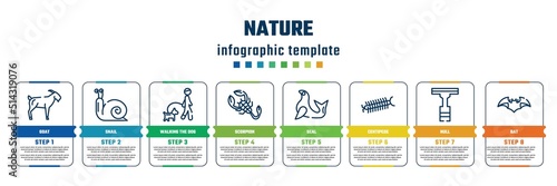 nature concept infographic design template. included goat, snail, walking the dog, scorpion, seal, centipede, null, bat icons and 8 steps or options.