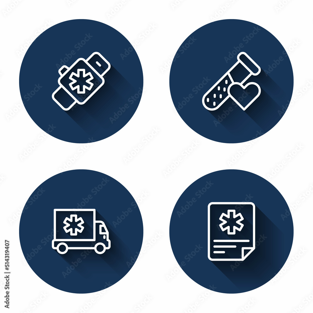 Set line Smart watch with heart, Test tube blood, Ambulance car and Patient record with long shadow. Blue circle button. Vector Set line Smart watch with heart, Test tube blood, Ambulance car and Patient record with long shadow. Blue circle button. Vector