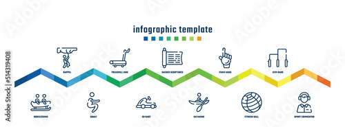 concept infographic design template. included rappel, bobsledding, treadmill hine, squat, sacred scriptures, go kart, foam hand, kayaking, gym bars, sport commentor icons.