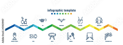 concept infographic design template. included stationary bicycle, football trophy, ets, stem, handlebar, belts, slim body, squash, substitute, checkered flag icons.