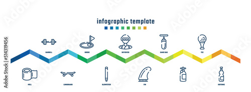 concept infographic design template. included barbell, null, birdie, longboard, skydiver, glowstick, sand bag, fin, tee, isotonic icons.
