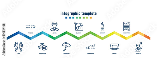 concept infographic design template. included punching, shin, judoka, horsepower, oil down, bike helmet, dive knife, drag racing, hockey pitch, committee icons.