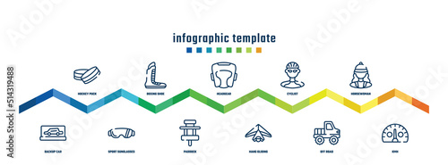 concept infographic design template. included hockey puck, backup car, boxing shoe, sport sunglasses, headgear, paddock, cyclist, hang gliding, horsewoman, kmh icons.