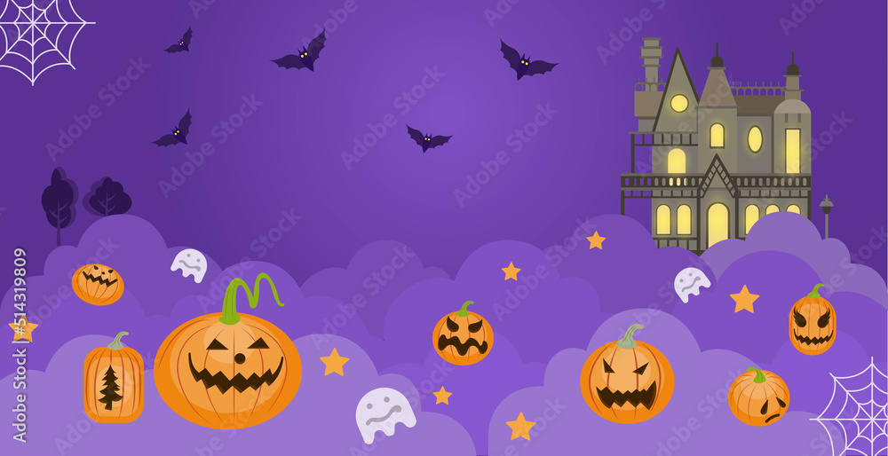Pumpkin ghosts are running on the clouds. It comes out of a haunted house decorated with orange pumpkins, darkness, cemetery, ghosts, spiders, creepy monsters to celebrate the festival of Halloween.