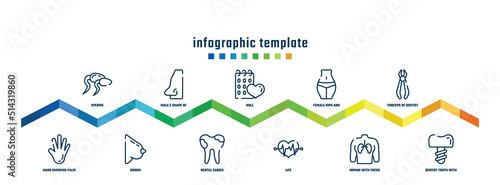 concept infographic design template. included sperms, hand showing palm, male e shape of a, bosom, null, dental caries, female hips and waist, life, forceps of dentist tools, dentist tooth with