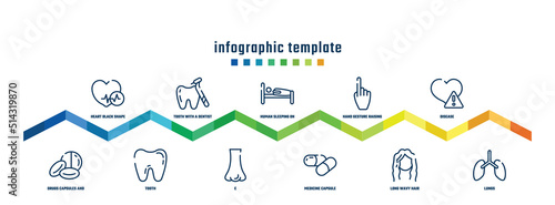 concept infographic design template. included heart black shape, drugs capsules and pills, tooth with a dentist tool, tooth, human sleeping on bed, e, hand gesture raising the index finger,