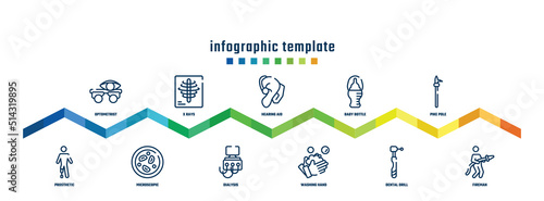 concept infographic design template. included optometrist, prosthetic, x rays, microscopic, hearing aid, dialysis, baby bottle, washing hand, pike pole, fireman icons.