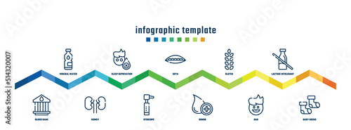 concept infographic design template. included mineral water, blood bank, sleep deprivation, kidney, soya, otoscope, gluten, donor, lactose intolerant, baby socks icons.
