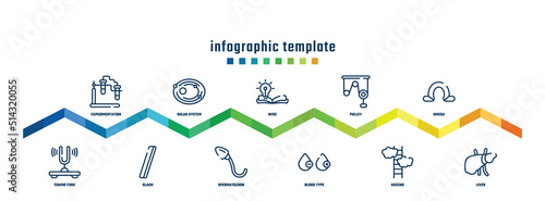 concept infographic design template. included experimentation, tuning fork, solar system, slash, wise, spermatozoon, pulley, blood type, omega, liver icons.