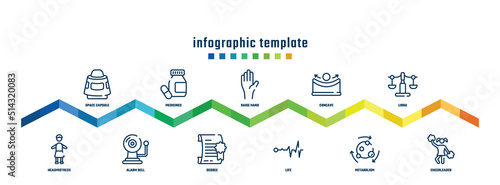 concept infographic design template. included space capsule, headmistress, medicines, alarm bell, raise hand, degree, concave, life, libra, cheerleader icons.