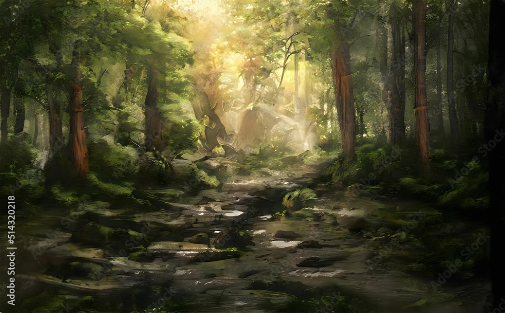 Naklejka premium painting of morning in the woods