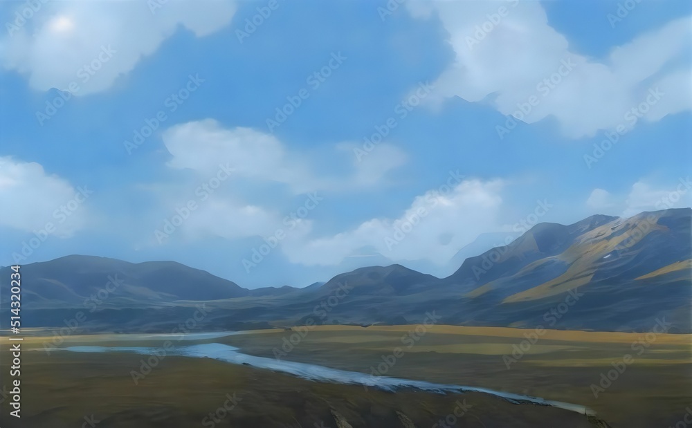 3d rendering of landscape with mountains, river and clouds