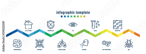 concept infographic design template. included stay at home, microorganism, unprotected, spreading, eye, infected lungs, blood, sneezing, dermatitis, bug icons.