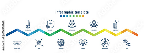 concept infographic design template. included temperature, sterile mask, immune, pain, contaminated, bacterias, biohazard, kidney, liquid soap, eyes icons.