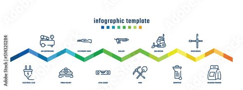 concept infographic design template. included air compressor, electrical plug, stationery knife, torch helmet, sealant, level gauge, bulldozing, mine, wheelbrace, washing powder icons.