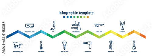 concept infographic design template. included protection glasses, wheelbarrow full, mop, toilet brush, two spatulas, knife for pizza, metal saw, perforator, clothespin, long shovel icons.