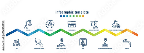 concept infographic design template. included backhoes, null, disc brake, construction palette, rule and level, crane hand drawn tool, derrick facing right, vent, roller hine of construction,