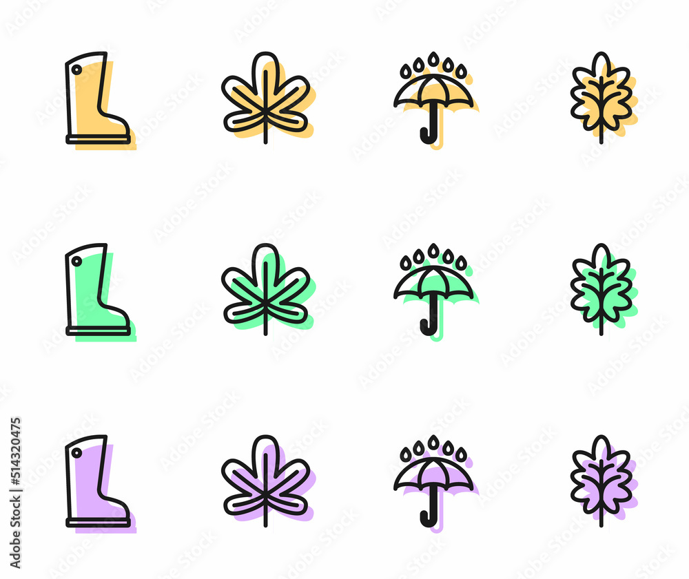 Set line Umbrella and rain drops, Waterproof rubber boot, Chestnut leaf and Leaf icon. Vector
