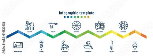 concept infographic design template. included sculptor, business cards, glue gun, screws, extractor, carpenter, green power, lumberjack, beadwork, plumb bob icons.