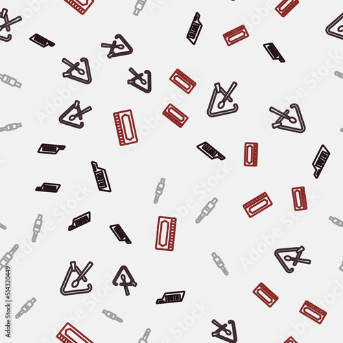 Set line Keytar, Triangle musical instrument, Audio jack and Harmonica on seamless pattern. Vector