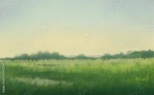 painting of a grassy field in the morning