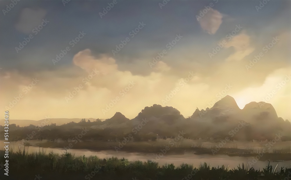 Fototapeta premium nature landscape in the morning with river, fog and clouds in the sky