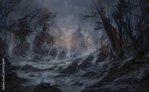 illustration of a dark forest in the mist