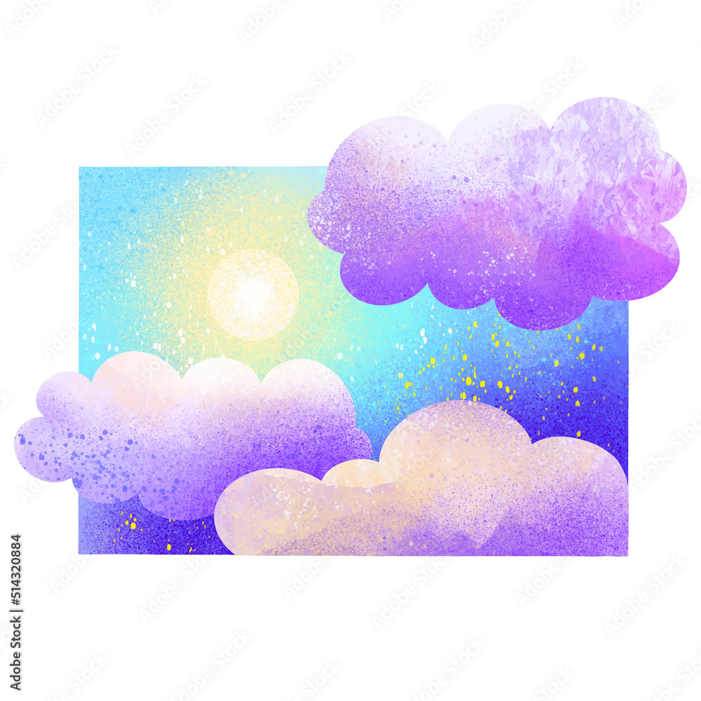 digital drawing sky with clouds and sun stars sunrise or sunset Stock