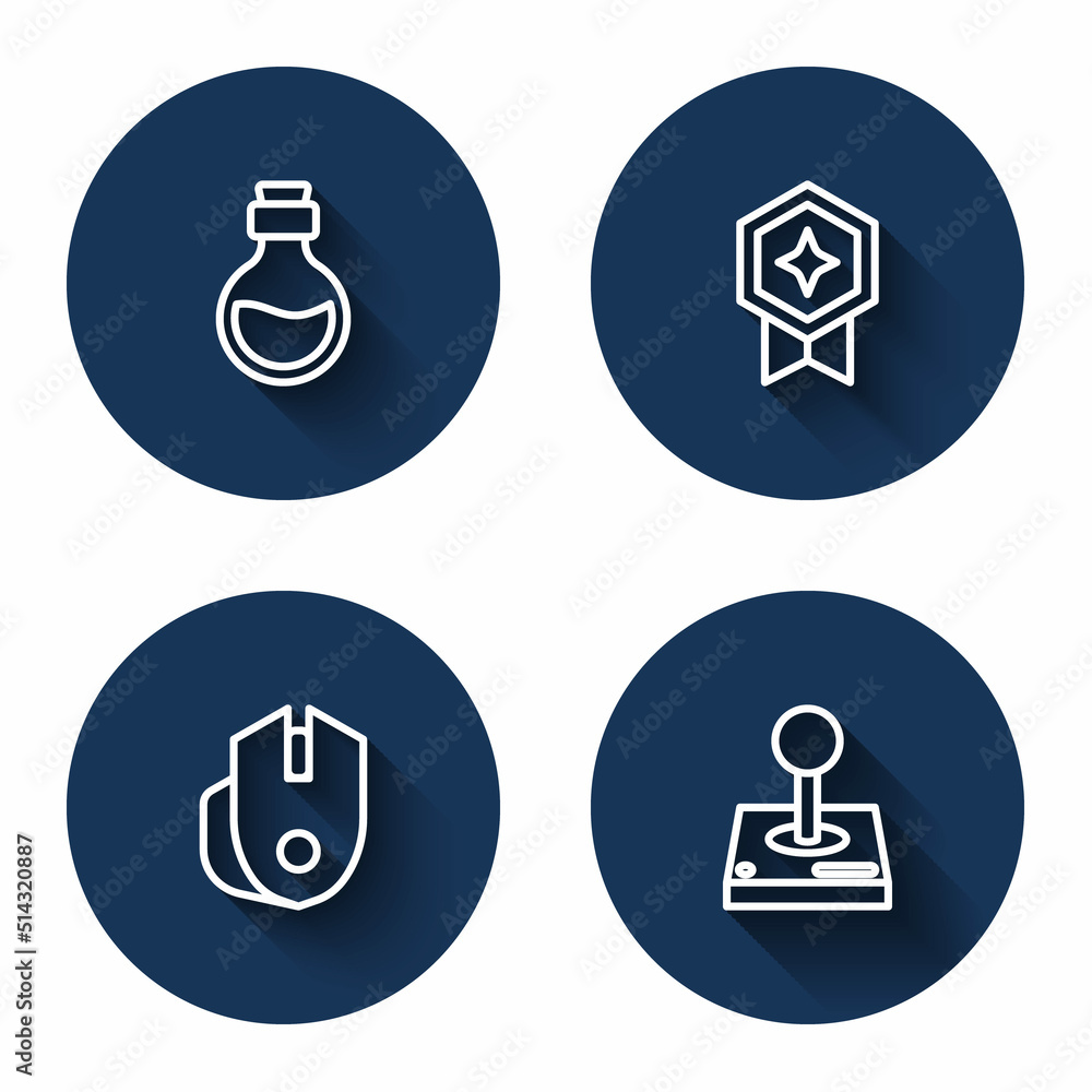 Set line Bottle with magic elixir, Game rating medal, Computer mouse and Joystick for arcade machine with long shadow. Blue circle button. Vector Set line Bottle with magic elixir, Game rating medal, Computer mouse and Joystick for arcade machine with long shadow. Blue circle button. Vector