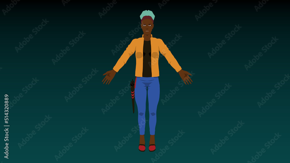 Green Hair Woman Dressed With Orange and Blue Green Hair Woman Dressed With Orange and Blue