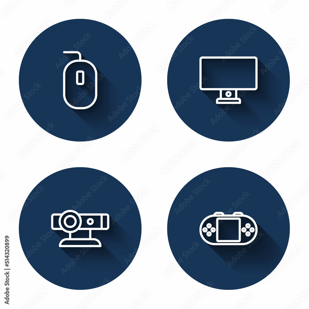 Set line Computer mouse, monitor, Web camera and Portable video game console with long shadow. Blue circle button. Vector Set line Computer mouse, monitor, Web camera and Portable video game console with long shadow. Blue circle button. Vector