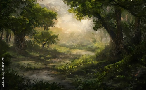 morning in the forest with green grass and trees