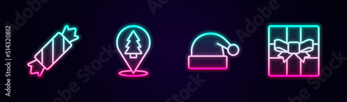 Set line Candy, Christmas tree, Santa Claus hat and Gift box. Glowing neon icon. Vector
