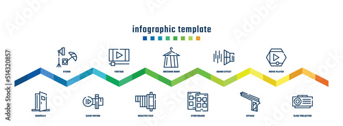 concept infographic design template. included studio, doorway, footage, slow motion, dressing room, negative film, sound effect, storyboard, movie player, slide projector icons.