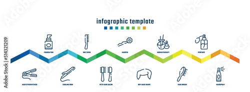 concept infographic design template. included foundation, hair straightener, one comb, curling iron, hairpin, pets hair salon tools kit, aromatherapy, boy hair shape, perfume, hairspray icons.