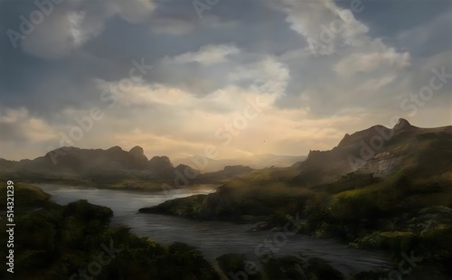 illustration of a landscape with a river and clouds in the sky