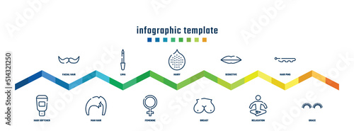 concept infographic design template. included facial hair, hair softener, lima, man hair, hairy, femenine, seductive, breast, pins, grace icons.