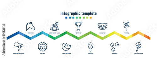 concept infographic design template. included horse head, cloud and lightnings, horse rocker black, lion face, trophy cup, moon and stars, panda face, plain tree, pinwheel, four leaf clover icons.