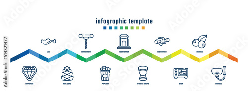concept infographic design template. included leg, diamonds, corkscrew, pine cone, voortrekker, popcorn, clown fish, african drums, berries, snorkel icons.