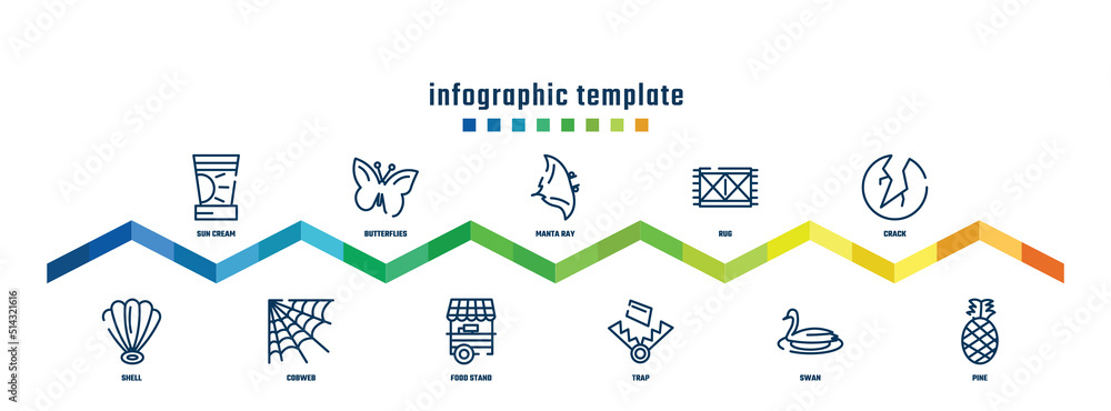 concept infographic design template. included sun cream, shell, butterflies, cobweb, manta ray, food stand, rug, trap, crack, pine icons. concept infographic design template. included sun cream, shell, butterflies, cobweb, manta ray, food stand, rug, trap, crack, pine icons.