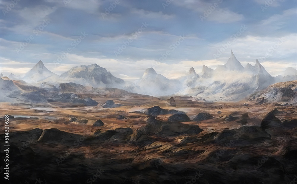 3d rendering of a snowy mountains landscape with sky