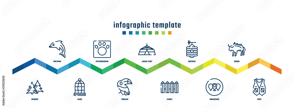 concept infographic design template. included dolphin, spruce, veterinarian, cage, jaima tent, toucan, beehive, fence, bison, vest icons. concept infographic design template. included dolphin, spruce, veterinarian, cage, jaima tent, toucan, beehive, fence, bison, vest icons.