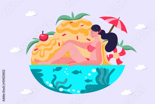 Flat illustration people sunbathing in large ice cream cones It's a summer break at the beach. Under the sea there are beautiful fish and corals.