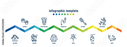 concept infographic design template. included pawprint, dog house, facial treatment, stroller, teasing stick, penguin, pet brush, spider, dog training, whale icons.