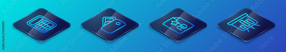 Set Isometric line Advertising, Calculator, Board with graph chart and Wallet money icon. Vector Set Isometric line Advertising, Calculator, Board with graph chart and Wallet money icon. Vector