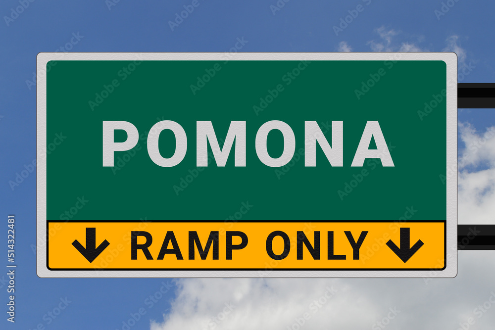 Pomona logo. Pomona lettering on a road sign. Signpost at entrance to Pomona, USA. Green pointer in American style. Road sign in the United States of America. Sky in background Pomona logo. Pomona lettering on a road sign. Signpost at entrance to Pomona, USA. Green pointer in American style. Road sign in the United States of America. Sky in background