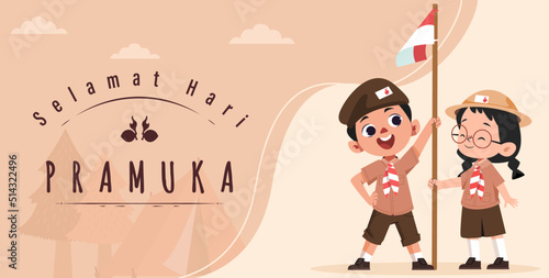 Translate: Happy Scout Day August 14 Indonesian Festival Day. Selamat Hari Pramuka. Vector Illustration. Boy and girl Student celebrate pramuka day. 