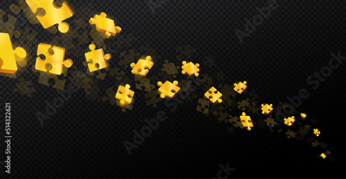 Falling gold puzzles. Pieces on black background, abstract style. Graphic elements for website. Metaphor of riddle or puzzle, teamwork. Creative processes, fantasy. Isometric vector illustration
